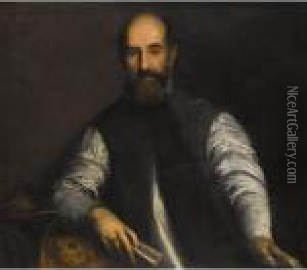 Portrait Of A Bearded Man, 
Half-length, Wearing A Blue Waistcoat And Holding A Book In His Right 
Hand Oil Painting - Acopo D'Antonio Negretti (see Palma Giovane)