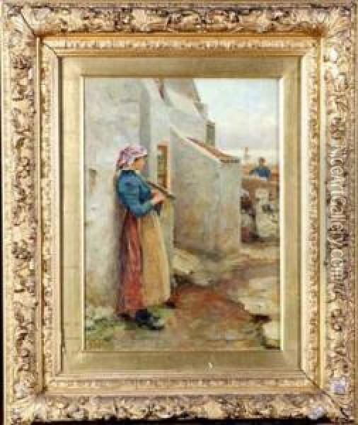 A Staithes Fishergirl Standing Outside A Cottage Knitting Oil Painting - Robert Jobling