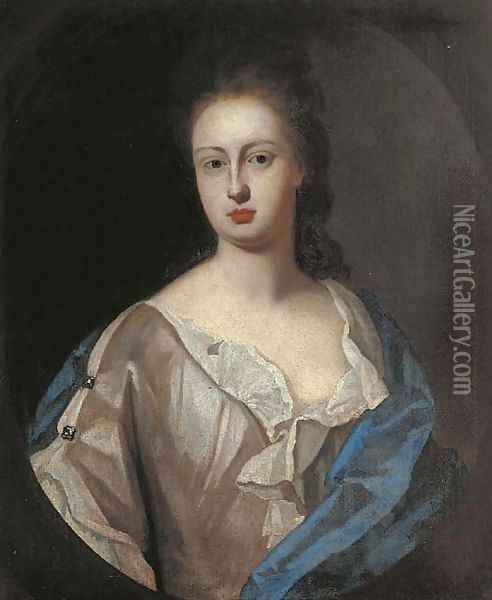 Portrait of Lady Powis, bust-length, in a white dress and blue wrap, feigned oval Oil Painting - Sir Godfrey Kneller