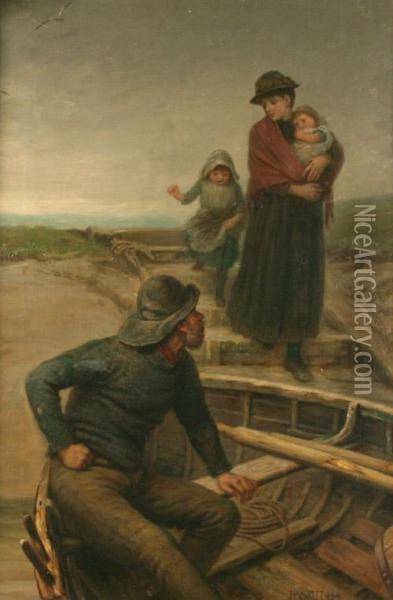 Coastal Landscape With A Woman And Two Children Stepping Onto A Boat With A Ferryman Oil Painting - Jane Maria Bowkett