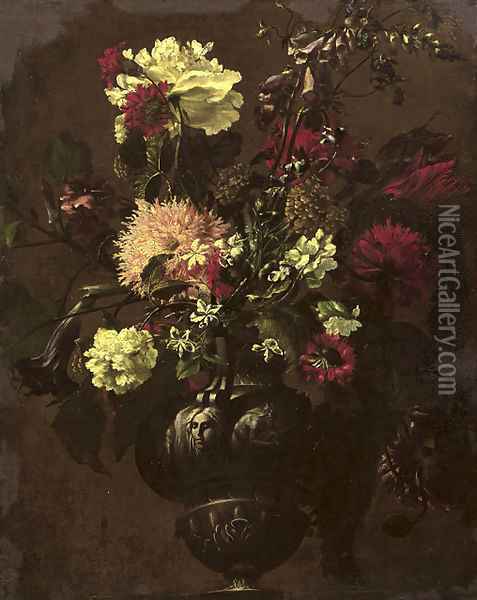 Tulips, carnations and other flowers in a sculpted vase Oil Painting - dei Fiori (Nuzzi) Mario
