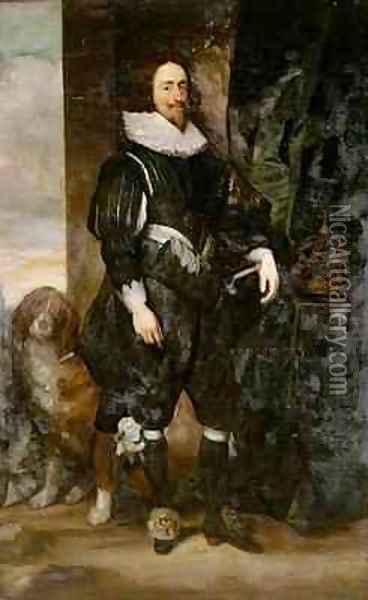 Portrait of King Charles I wearing the order of the garter with a dog by his side Oil Painting - Sir Anthony Van Dyck