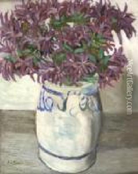 Bouquet Of Purple Flowers In Blue And White Vase Oil Painting - Jan Adam Zandleven