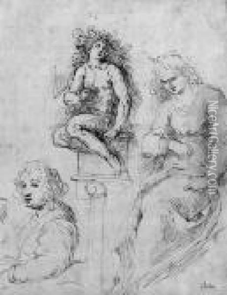 Portrait Of Adriana Negretti, 
The Artist's Wife, Seated On A Chair,and Studies Of Bacchus And A Seated
 Woman Oil Painting - Acopo D'Antonio Negretti (see Palma Giovane)