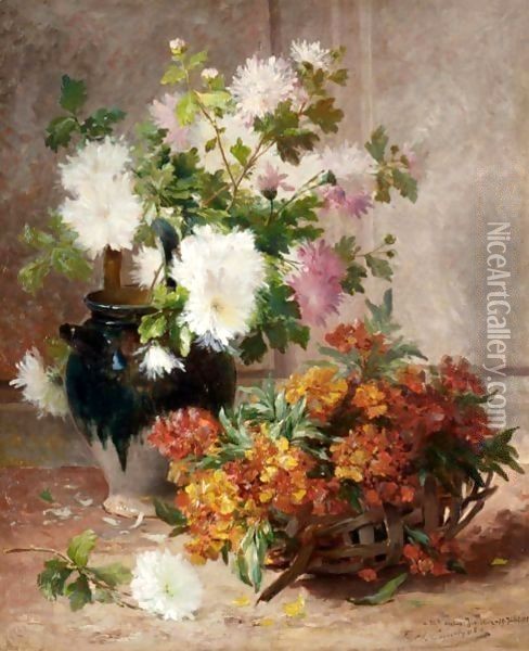 A Vase And A Basket Of Flowers Oil Painting - Eugene Henri Cauchois