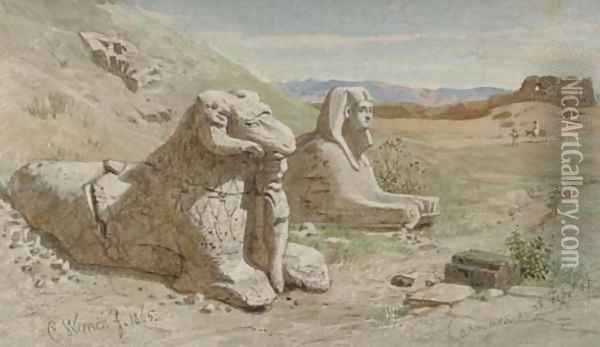 A Ram's Head Sphinx at the Temple of Amun, Karnak Oil Painting - Carl Friedrich H. Werner