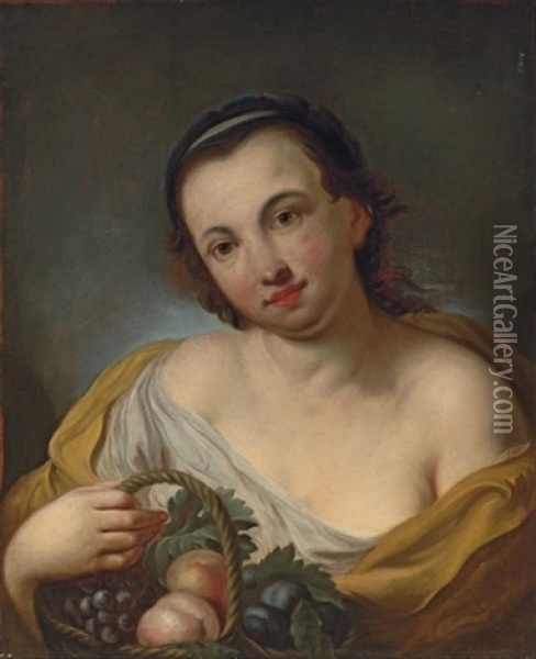 A Lady With A Basket Of Peaches, Plums And Grapes Oil Painting - Antoine Pesne