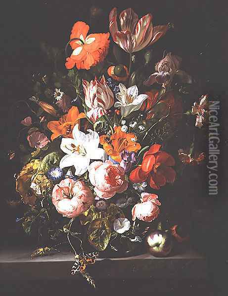 Still life of roses, lilies, tulips and other flowers in a glass vase with a Brindled Beauty on a stone ledge, 1704 Oil Painting - Rachel Ruysch