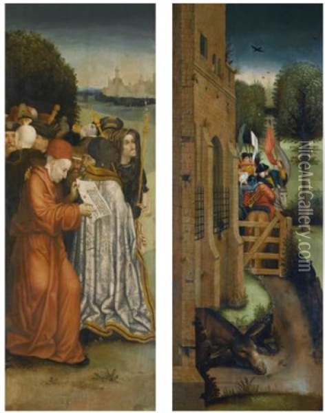 Two Wings Of An Altarpiece: A Crowd Of Onlookers Before A Fantastical City; An Army Taking Leave Of A Castle (pair) Oil Painting - Hieronymus Bosch