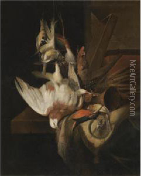 A Still Life With Song Birds And Hunting Gear Oil Painting - William Gowe Ferguson