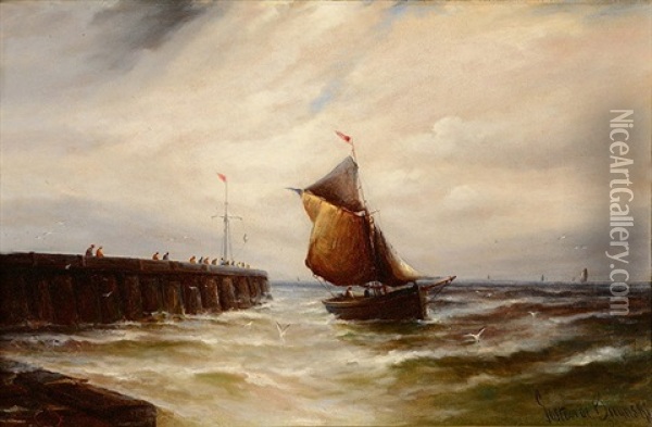 Fishing Boats Off A Pier Oil Painting - Gustave de Breanski
