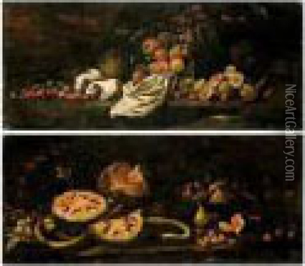 A Still Life Of Water-melons, Plums, Cherries, A Basket Of Figs, Pears And A Monkey Oil Painting - Giovan Battista Ruoppolo