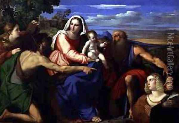 Sacra Conversazione with St. Catherine, John the Baptist and Two Donors Oil Painting - Palma Vecchio (Jacopo Negretti)