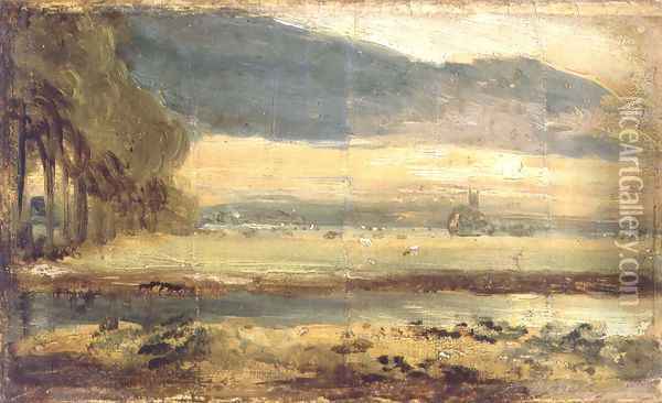 Dedham Church seen from across the River Stour with overhanging cloud, c.1810 Oil Painting - John Constable