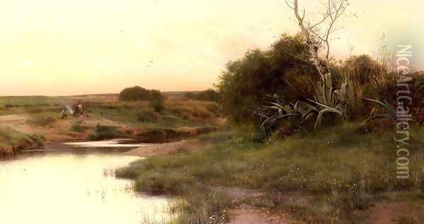 On The River's Edge At Dusk Oil Painting - Emilio Sanchez-Perrier