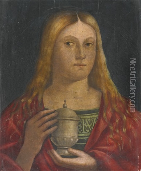 Mary Magdalen Holding A Jar Of Ointment Oil Painting - Giovanni Battista Cima da Conegliano