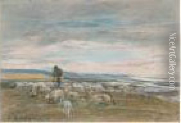 Berger Et Ses Moutons Au Paturage Sur La Cot Normande , Circa 1862-1866 Oil Painting - Eugene Boudin