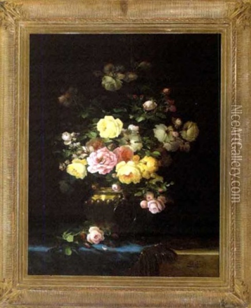 Bouquet Of Roses In A Brass Pot Oil Painting - Aime Perret