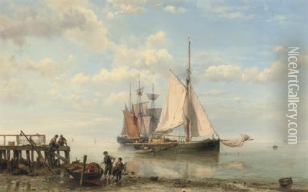 Sailing-vessels By A Coast On A Calm Sea Oil Painting - Hermanus Koekkoek the Elder