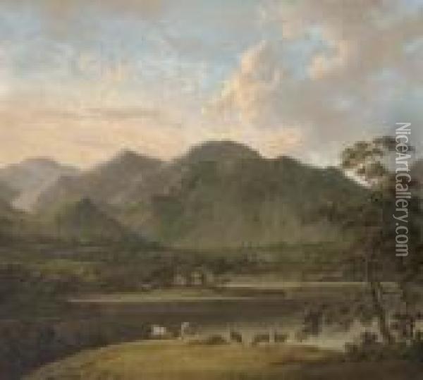 View Of Coniston And Weatherlam,
 With Cattle In The Foreground, Andconiston Old Hall Beyond Oil Painting - John Rathbone