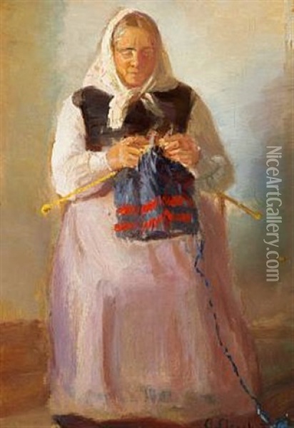 Sorine Moller Knitting Oil Painting - Anna Kirstine Ancher