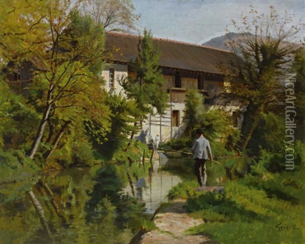 Prachtvolle Sommerliche Flusslandschaft Mit Architekturansicht Und Zwei Anglern Oil Painting - Francois Adolphe Grison