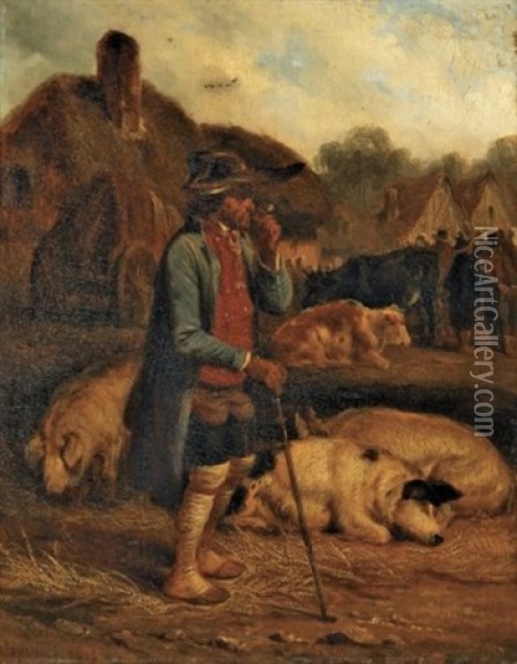 Scene De Marche, Fumeur De Pipe Et Ses Cochons Oil Painting - Hippolyte Bellange