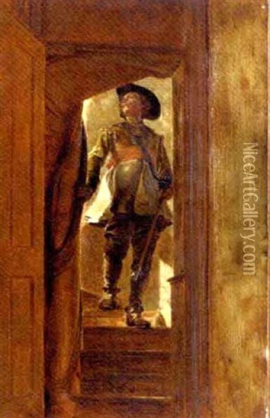 Un Cavalier Descendant Des Escaliers Oil Painting - Ernest Meissonier