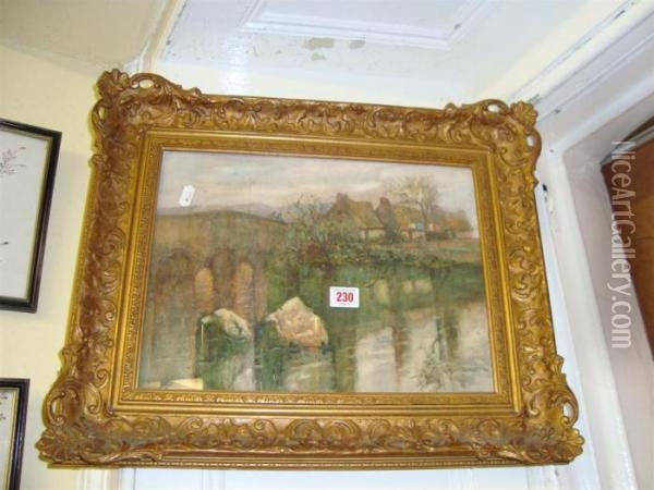River Bridge Flanked By Cottages Oil Painting - Claude Hayes