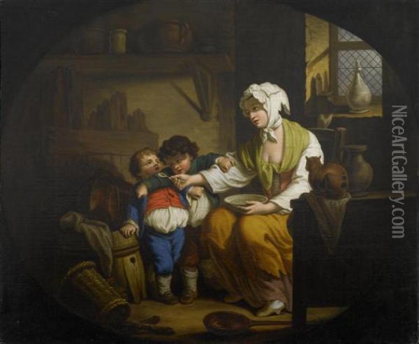 Kitchen Interior With Mother And Her Children Oil Painting - Jean Baptiste Greuze