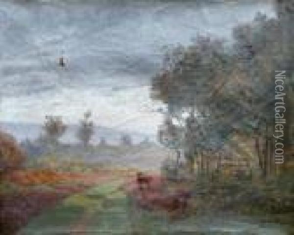 Daims Sur Un Chemin Dans Les Bois De Verrieres. Oil Painting - Antoine Chintreuil