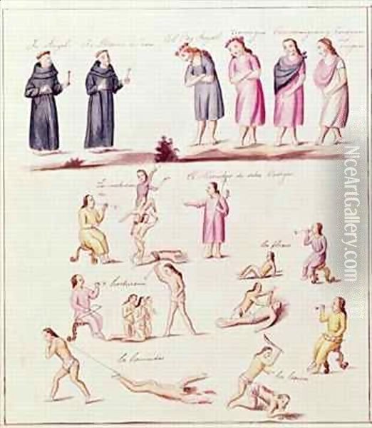 Indians on the road to conversion by the Spanish: meekly presenting themselves for baptism by Friars Angel and Martin de Jesus and the punishments for crimes such as witchcraft, licentiousness, and murder, from the Cronica de Mechoacan Oil Painting - Friar Pablo Beaumont