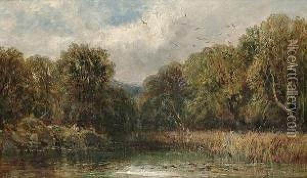A River Landscape With A Figure Fishing Oil Painting - James Edwin Meadows