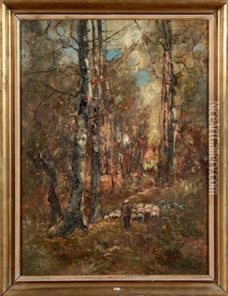 Berger Et Son Troupeau Sur Un Chemin Forestier Oil Painting - Laszlo Paal