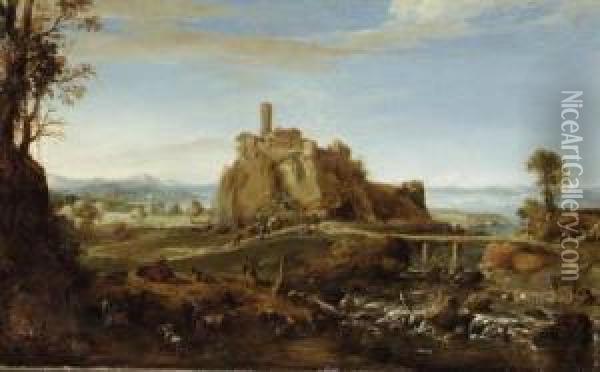 An Italianate Landscape With The
 Town Of Acquapendente, Near Rome,and Shepherds And Washerwomen By The 
Banks Of A River Oil Painting - Bartholomeus Breenbergh