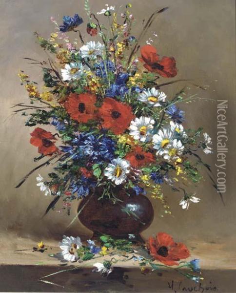 Poppies And Daisies And Other Flowers In A Bowl Oil Painting - Eugene Henri Cauchois