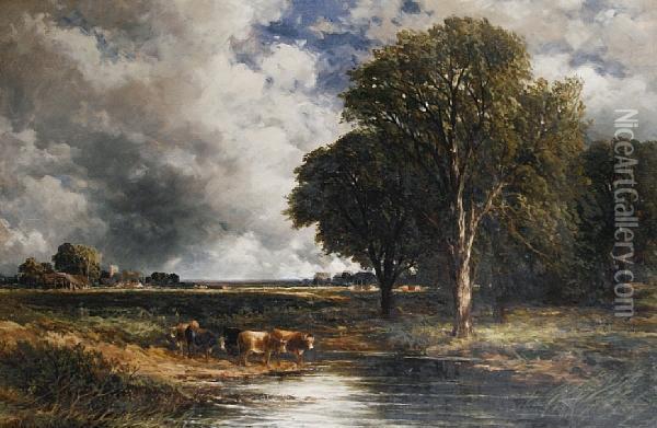 Cattle Watering In An Extensive Landscape Oil Painting - Edmund Morison Wimperis