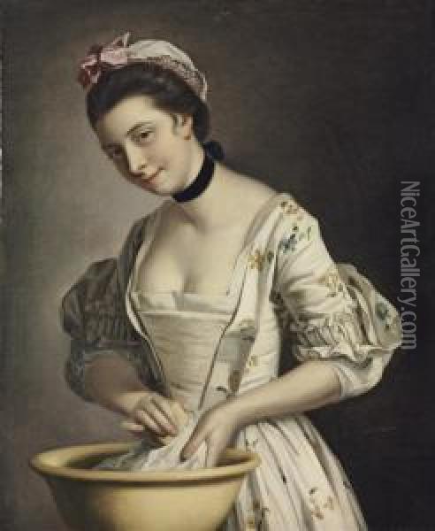 A Lady's Maid Soaping Linen Oil Painting - Henry Robert Morland