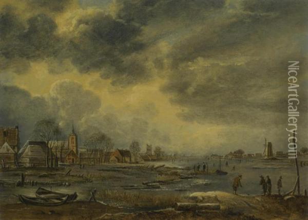 A Winter Landscape With Figures Playing Kolf On A Frozen River, A Village To The Left Oil Painting - Aert van der Neer