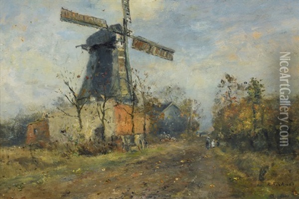 A Village Road In Front Of A Mill Oil Painting - Rudolf Hoeckner