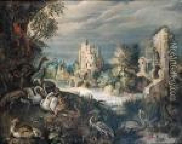 Ducks, Swans, A Guinea-fowl, A 
Heron, Ostriches, A Parrot And Otherbirds On A River Bank, Ruins In A 
Wooded Landscape Beyond Oil Painting - Roelandt Jacobsz Savery