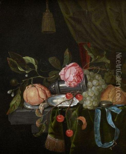 Nature Morte A La Montre, Saliere En Argent, Fruits Et Fleurs Surun Entablement Oil Painting - Gillis Jacobsz. Hulsdonck