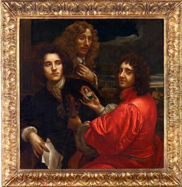 Group Portrait Of Three Gentlemen, One In A Red Doublet Holding A Viola Da Gamba In One Hand And A Miniature Portrait In The Other, The Second In A Brown Coat With A Silver Cravat, Holding A Letter... Oil Painting - Anton Domenico Gabbiani