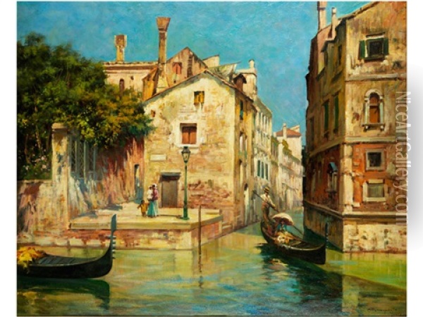 Blick In Einen Venezianischen Kanal Mit Gondel Oil Painting - Carlo Brancaccio