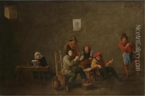 Peasants Smoking Pipes And Drinking In An Interior Oil Painting - David The Younger Teniers