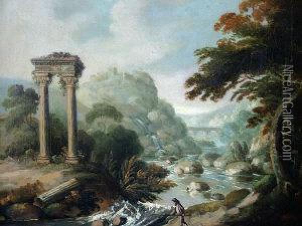 Italianate River Landcsape With A Fisherman By A Ruined Temple Oil Painting - Claude Lorrain (Gellee)