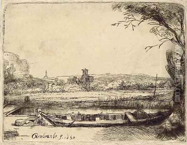 Canal with a large Boat and Bridge Oil Painting - Rembrandt Van Rijn