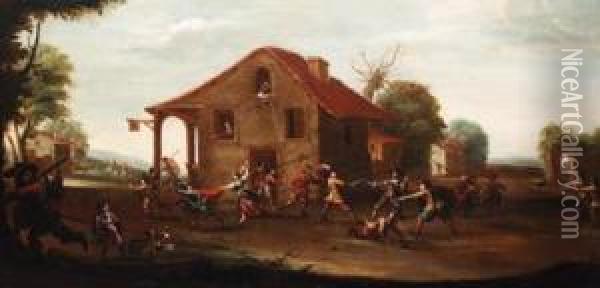 Soldiers Fighting Outside A Tavern Oil Painting - Cornelis de Wael