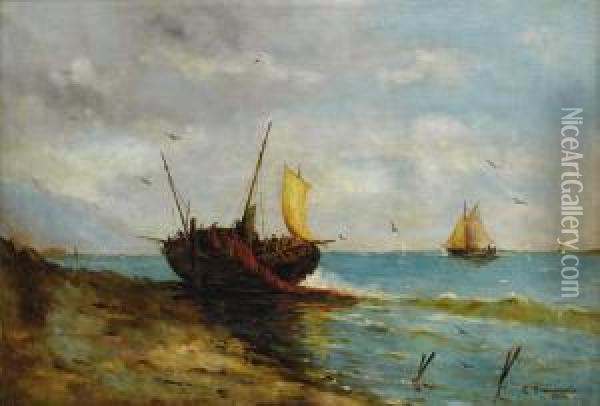 Coastal View With Boats Along The Shore Oil Painting - Carlo Brancaccio