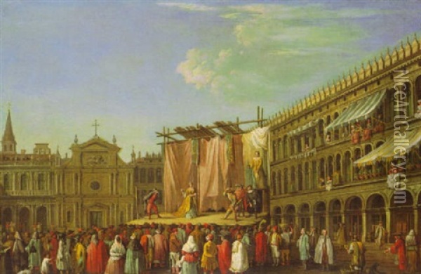A Performance Of The Commedia Dell'arte In The North-west   Corner Of The Piazza San Marco, Venice Oil Painting - Giovanni Richter